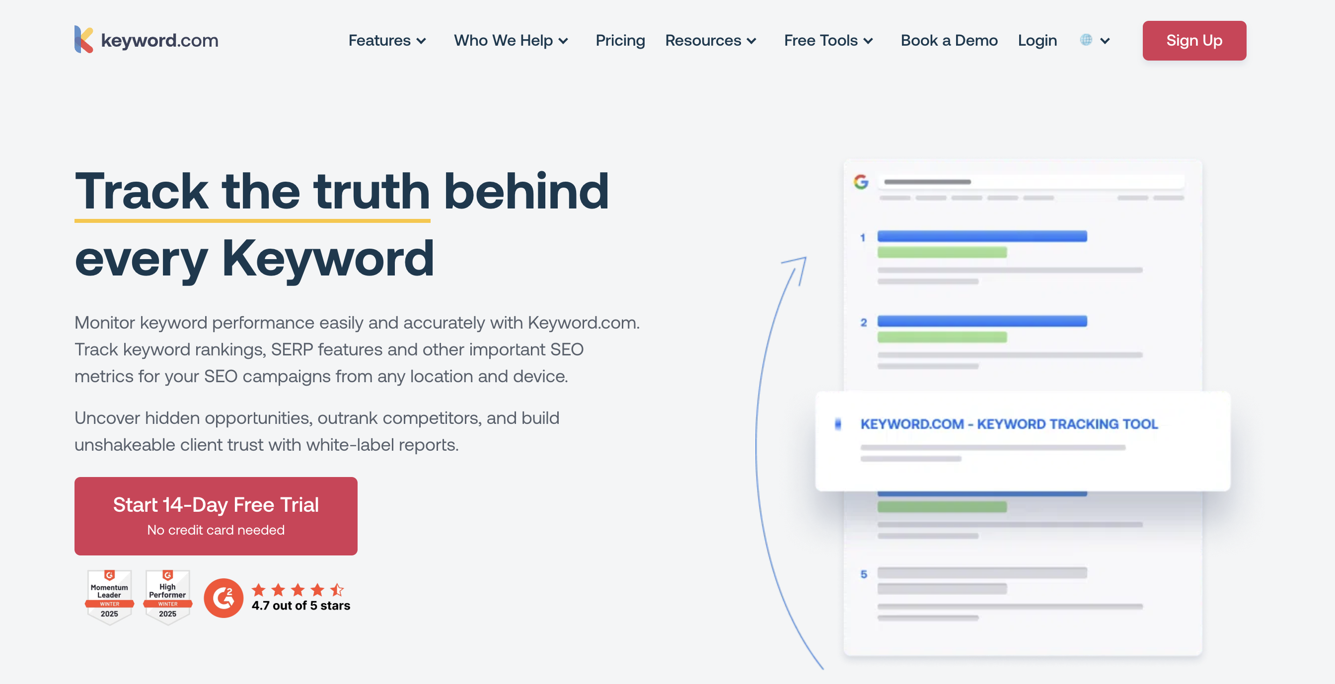 The landing page for Keyword.com, an AI rank tracking tool, showing its value proposition for businesses and agencies.