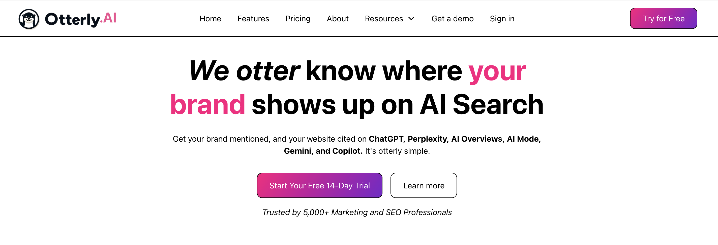The homepage for Otterly.AI, presenting its platform for AI search monitoring and optimization.