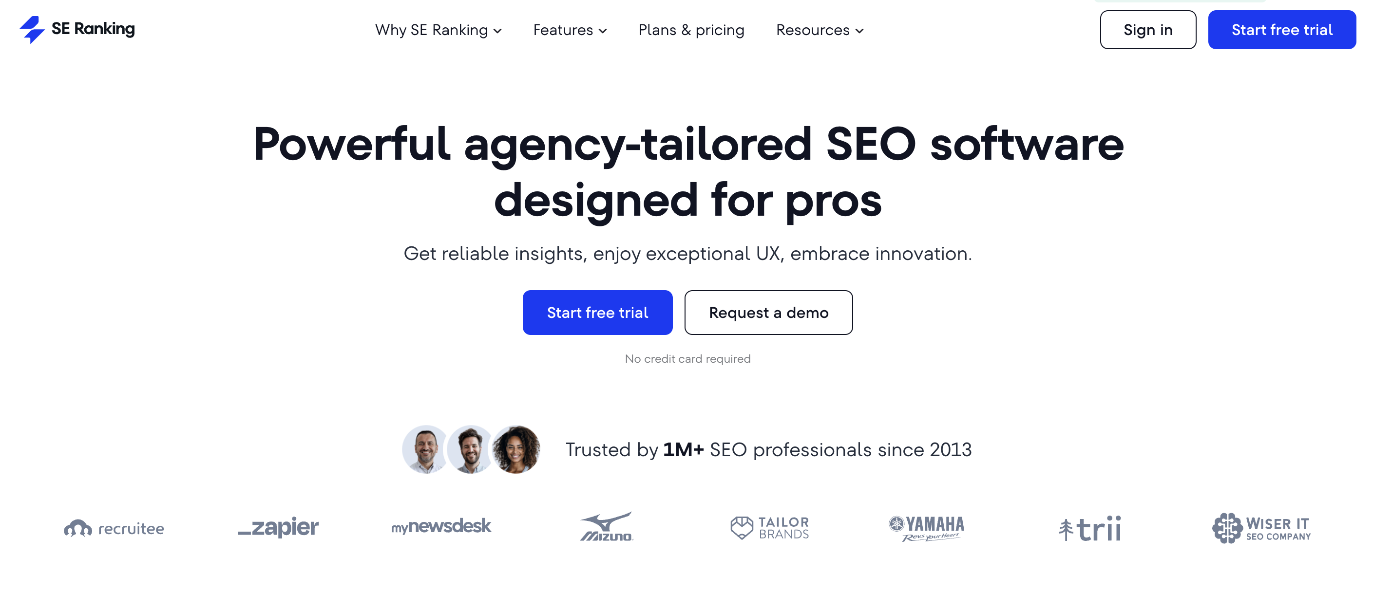 The SE Ranking homepage, highlighting its all-in-one SEO platform features for professionals and agencies.