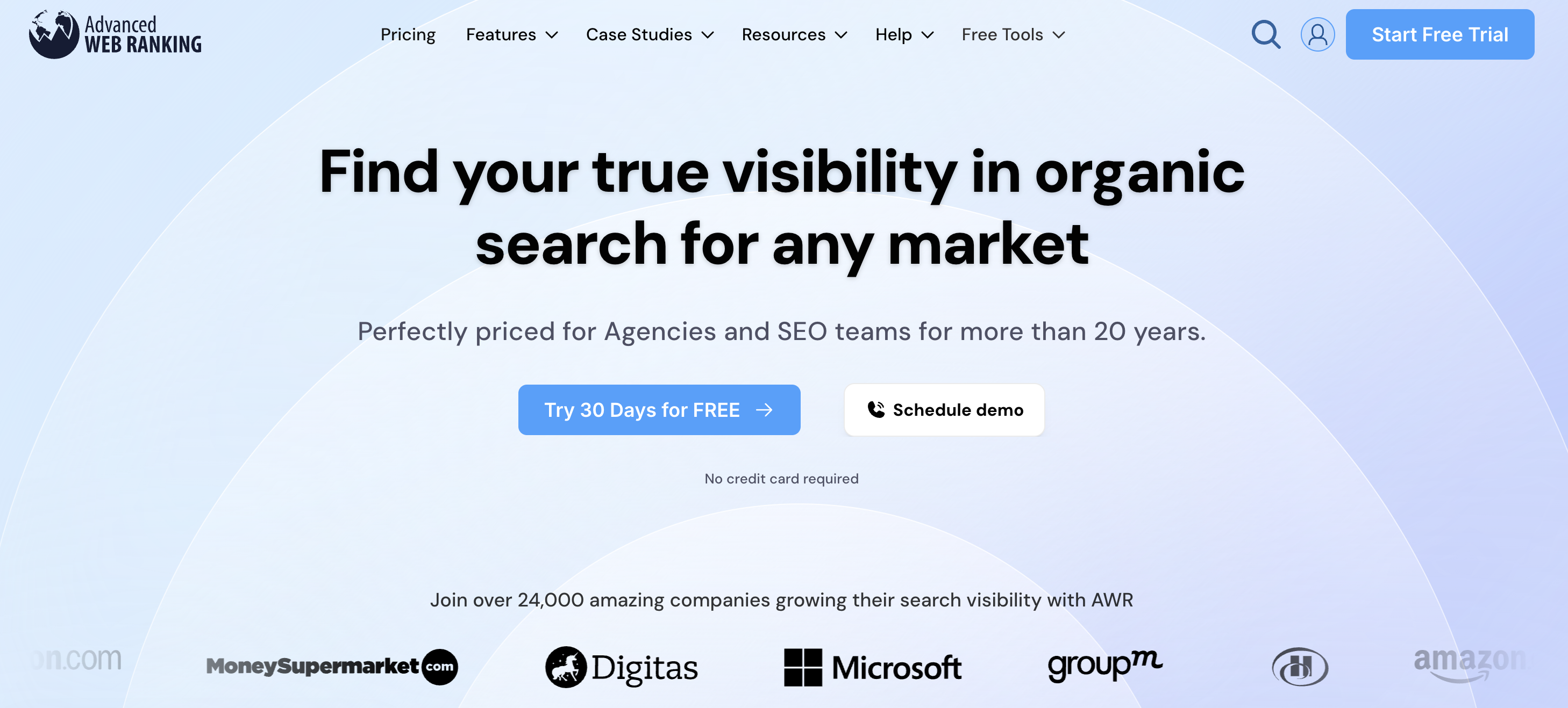 The official website landing page for Advanced WEB Ranking, a professional rank tracking and AI analysis tool.
