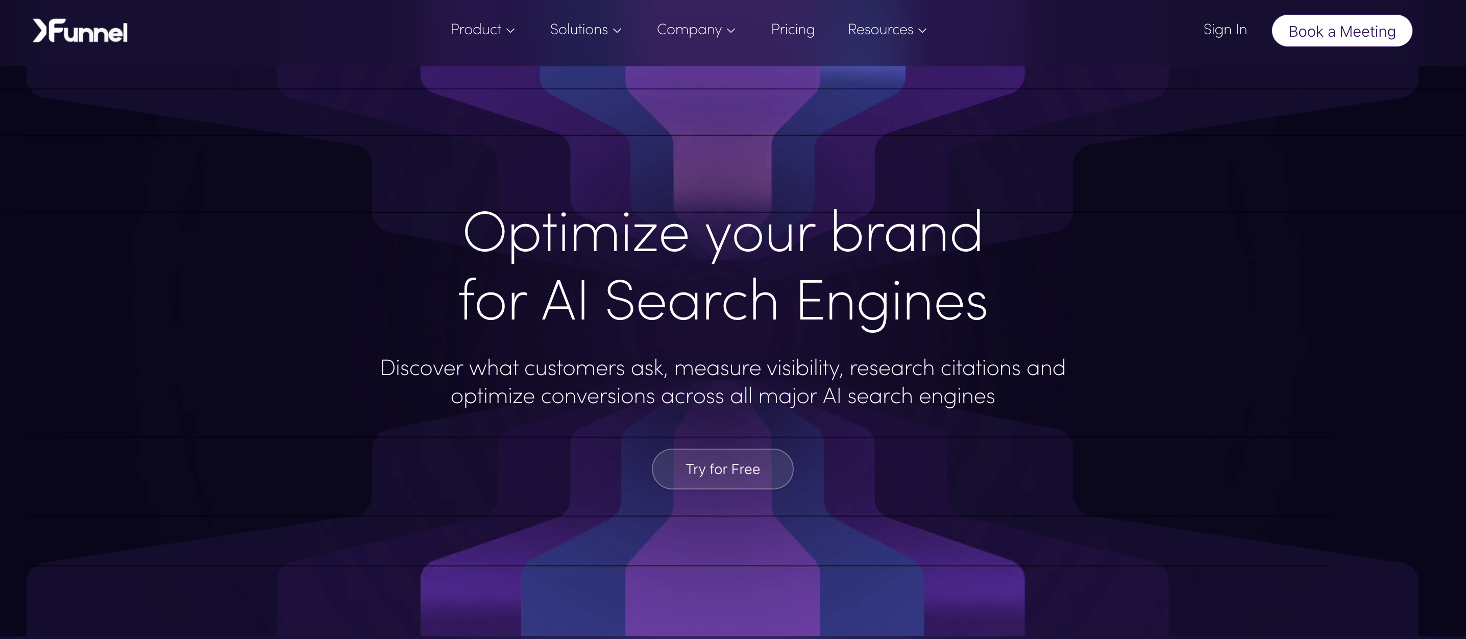 The landing page for the Xfunnel platform, showing its features for persona-level AI search and buying journey analysis.